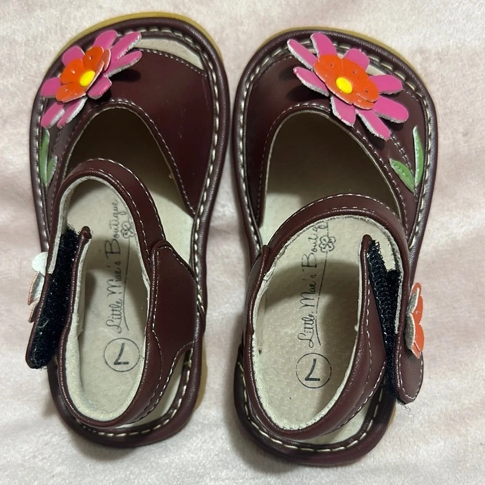 Little Me Brown and Pink Sandals with Floral Accents